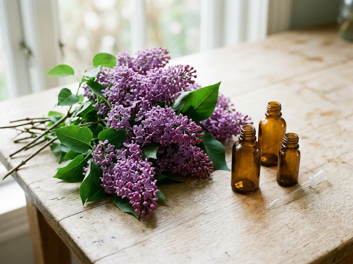 Cut purple lilac panicles with heart-shaped leaves resting beside small amber bottles